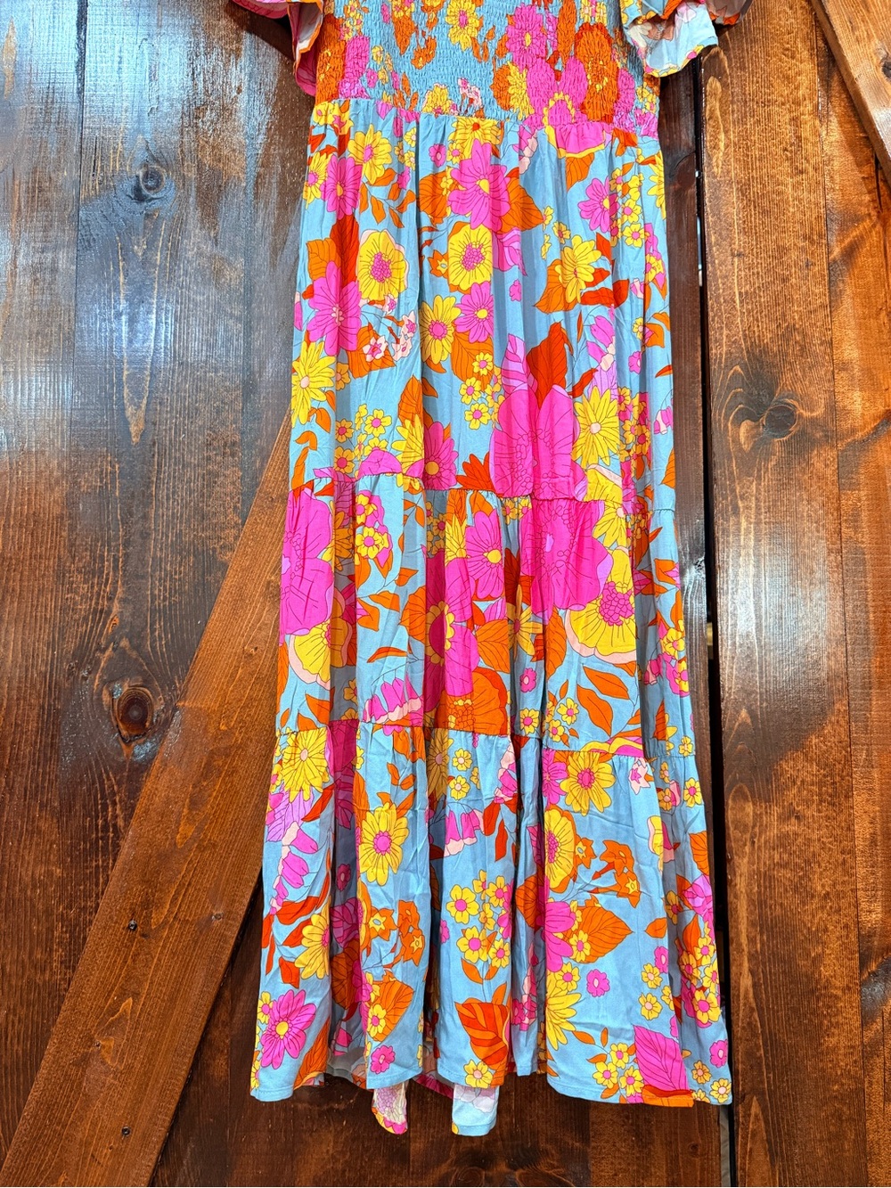 Light Blue Floral Maxi Dress with Pink & Orange Blooms - Picture 3 of 5